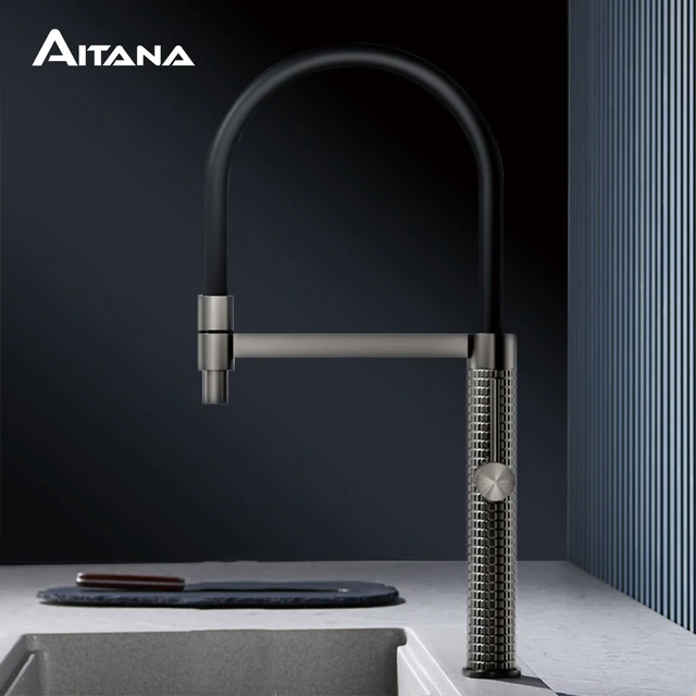 Aitana Gun ก๊อกน้ำสำหรับห้องครัวทองเหลืองหรูหราสีเทา, มือจับเดี่ยวการควบคุมคู่เย็นและร้อนดีไซน์ทันสมัยก๊อกน้ำอ่างล้างจานสีดำแบบเรียบง่าย 1