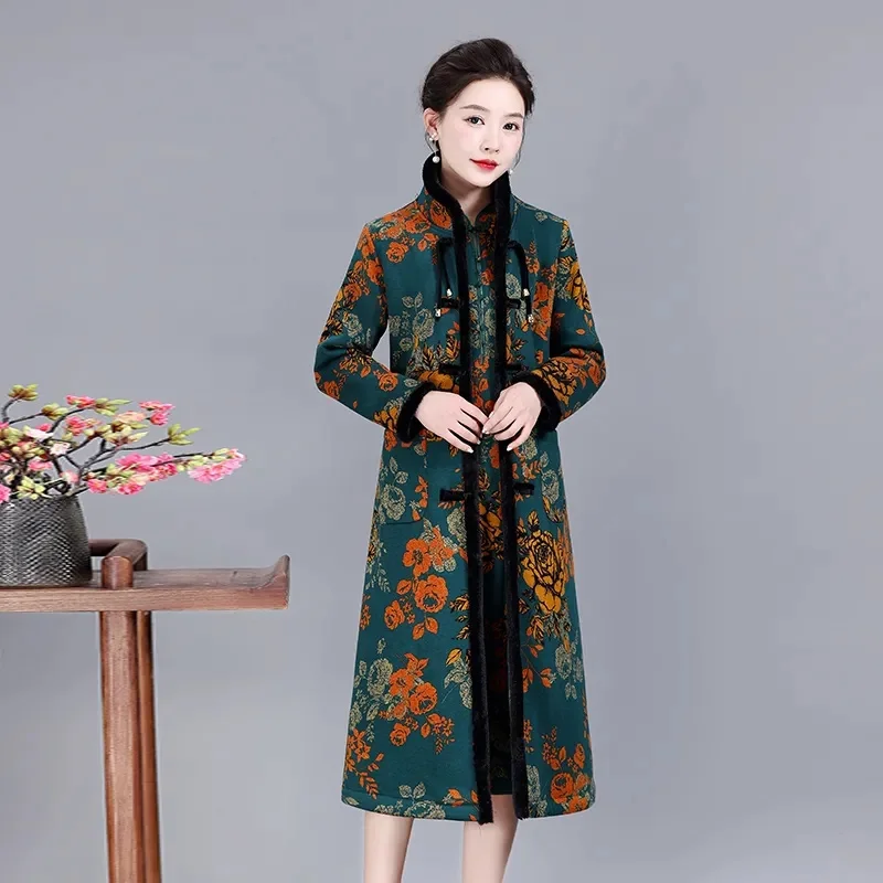 2023 Autumn Winter Wear Plush Thickened Warm Windbreaker Coat for Middle aged Mom Chinese Style Standing Collar Long Cotton Coat