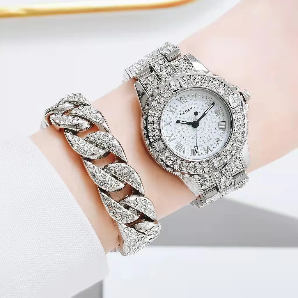 2PCS Simple Iced Out Watch Cubana Bracelet for Women Bling Bling Luxury Gold Watch Women Jewelry Wholesale Relojes Para Mujer