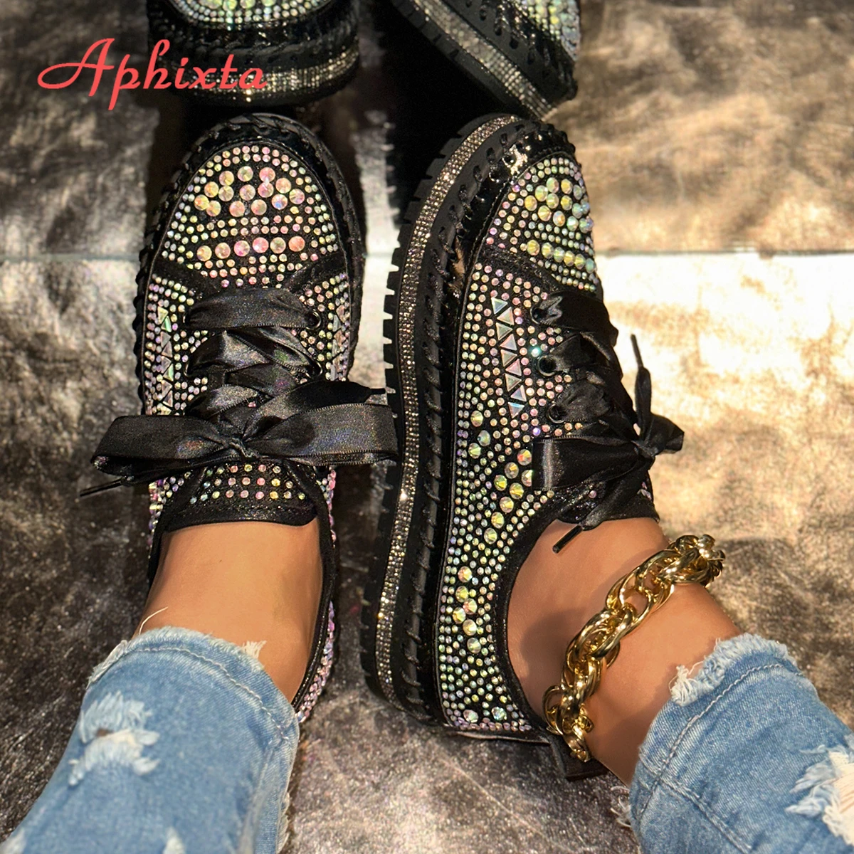 Aphixta Flat With Women Loafers Bling Crystal Flats Lace Up Design Casual Shoes Silver 3cm Heels Luxury Size 44 Ladies Shoes