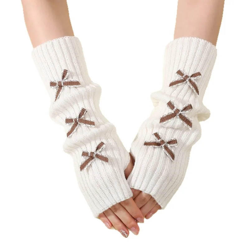 6 Bow Gloves Women's Autumn/Winter Knitted Warm College Style Medium Length Stacked Sleeves with Exposed Fingers for Convenience
