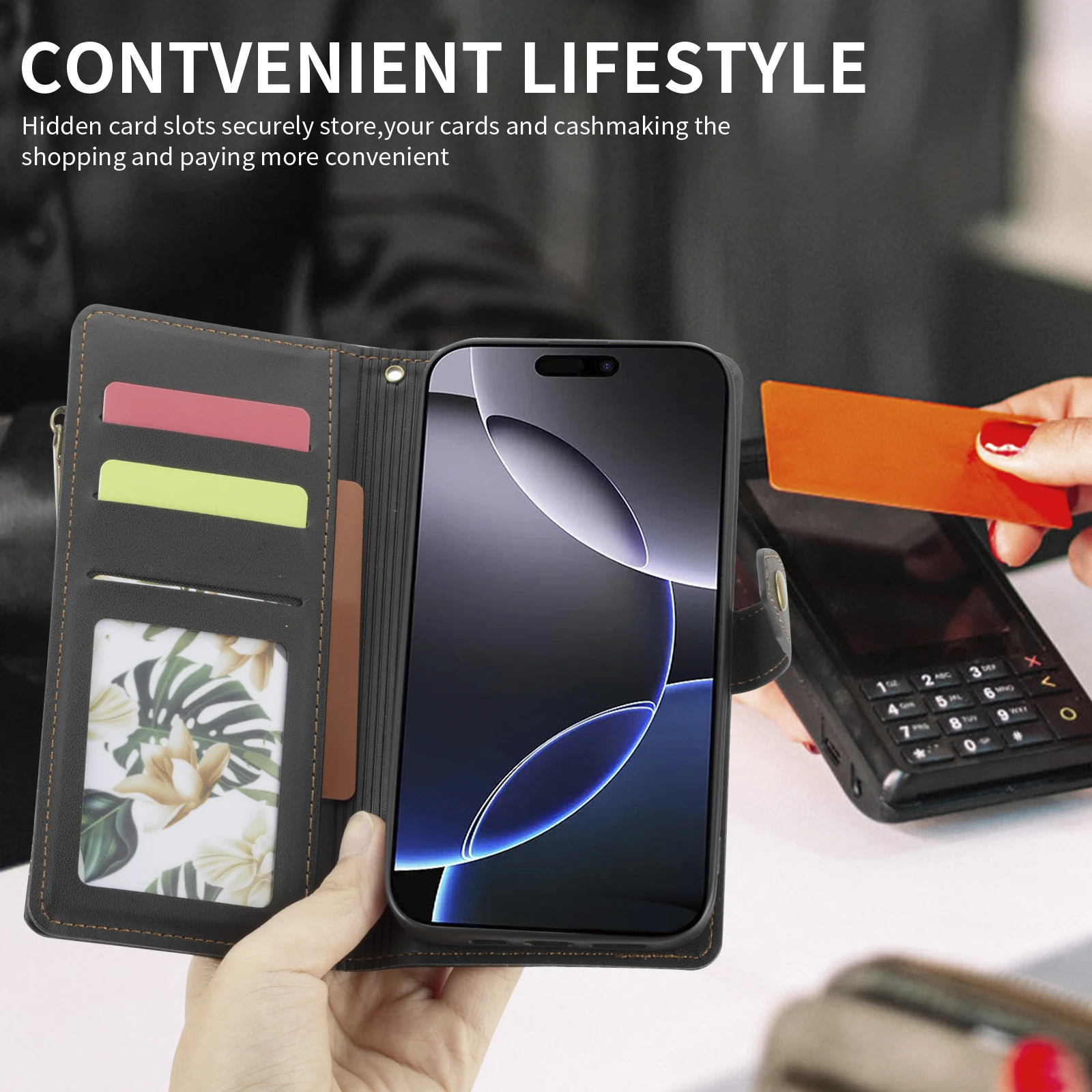 Premium Faux Leather Wallet Phone Case with Card Holder, Wrist Strap, and Zipper Coin Pocket