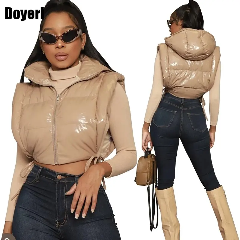 

Cropped Vest Puffer Jacket Women Autumn Winter Warm Sleeveless Jacket Streetwear Hooded Short Down Jacket Outerwear Bubble Coats