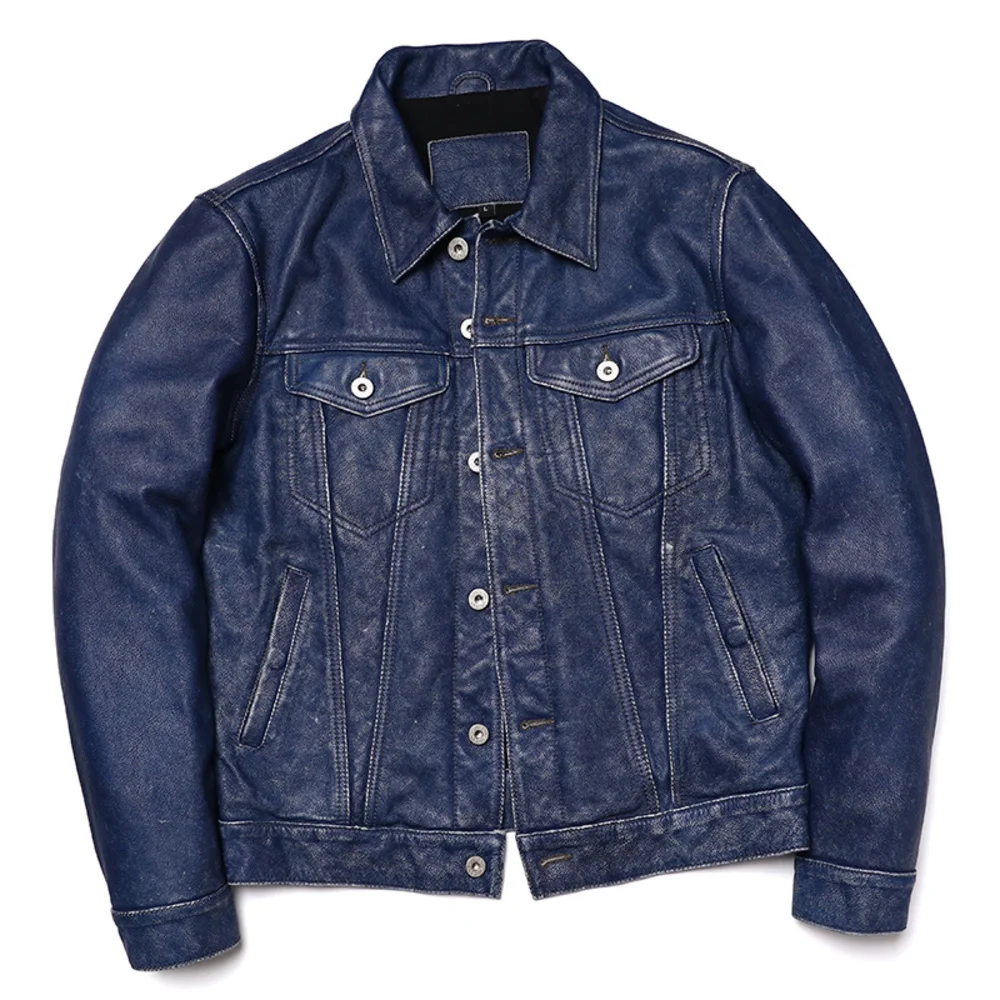 

Vintage New Blue Denim Genuine Leather Jacket Men's Tooling style Real Cowhide Slim Clothing Natural Calf Skin Thick Clothes