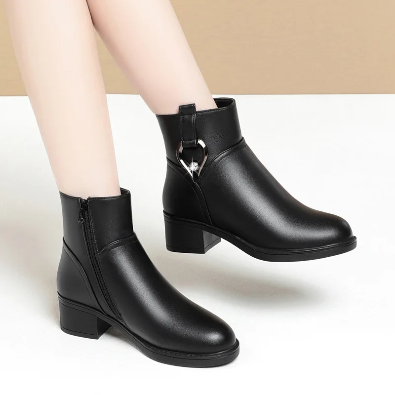 Women's Winter Waterproof Genuine Leather Ankle Boots Mom Thick Plush Warm Cotton Shoes Large Size Sexy High Heel Platform Boots
