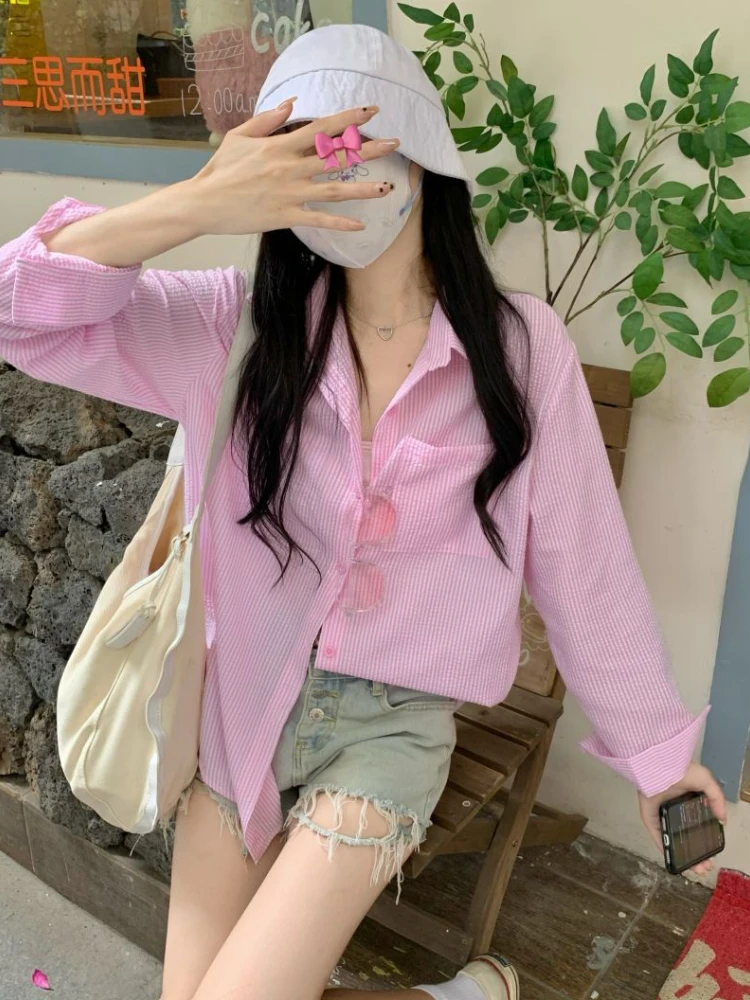 

Real Shot 2022 Summer New Korean Ins Three Standard Stripes Sunscreen Loose Casual Long-sleeved Sunscreen Shirt Women