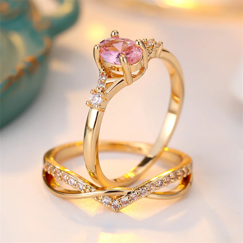 2pcs Elegant Pink Zircon Oval Stone Ring Sets For Women Vintage Gold Color Engagement Bands Wedding Jewelry Set Versatile Gifts