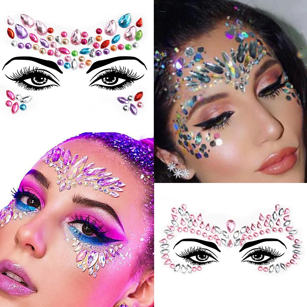 5Pcs Sexy Diamond Face Tattoo Stickers Colorful Glitter Crystal Party Face Decal 3D Self-Adhesive Rhinestones Face Jewel Sliders 3