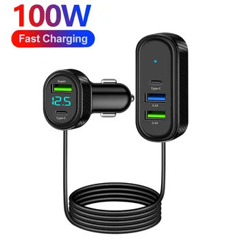 Caricabatteria da auto USB tipo C a 5 porte con cavo lungo 150 cm Adattatore di alimentazione a ricarica rapida da 100 W per caricabatteria da auto Iphone Samsung Huawei