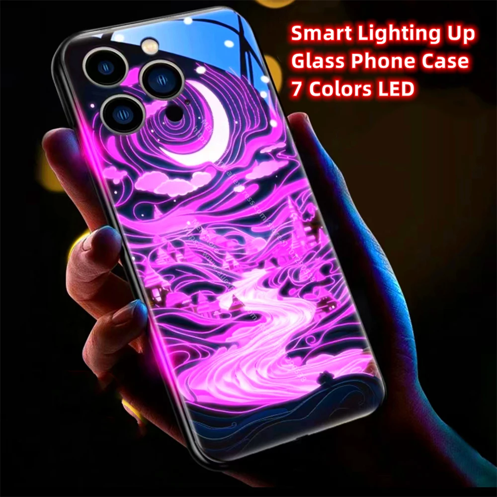 Oil Painting Moonlight Village Smart LED Light Glow Glass Phone Case For iPhone 15 14 13 12 11 Pro Max XR XS Plus SE2020