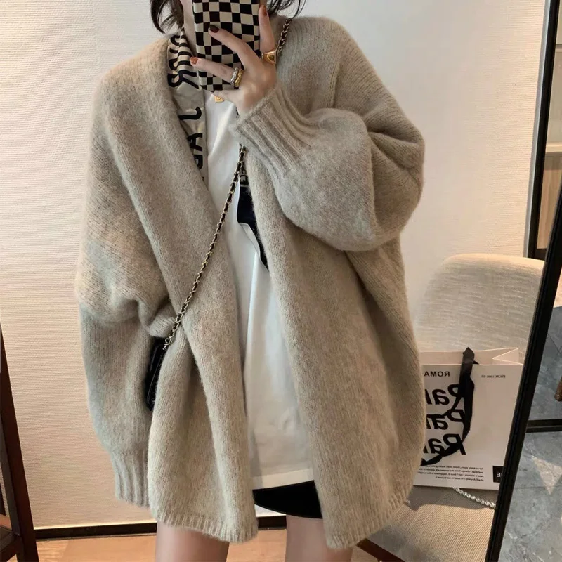 

2023 Autumn Winter Fashion Loose Cardigan Women New Casual Thick Long Knitted Sweater Female Solid Color Warm Coat Tops Lady