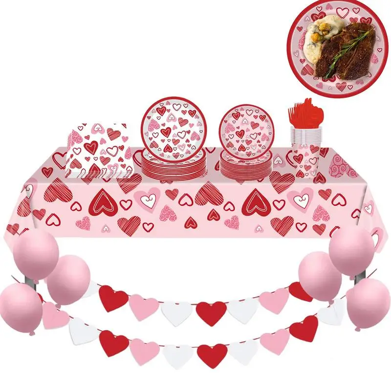 

Valentines Day Party Supplies Tableware Set Holiday Themed Paper Plates Napkins Table Cloth Heart Love Parties Paper Fork Spoon