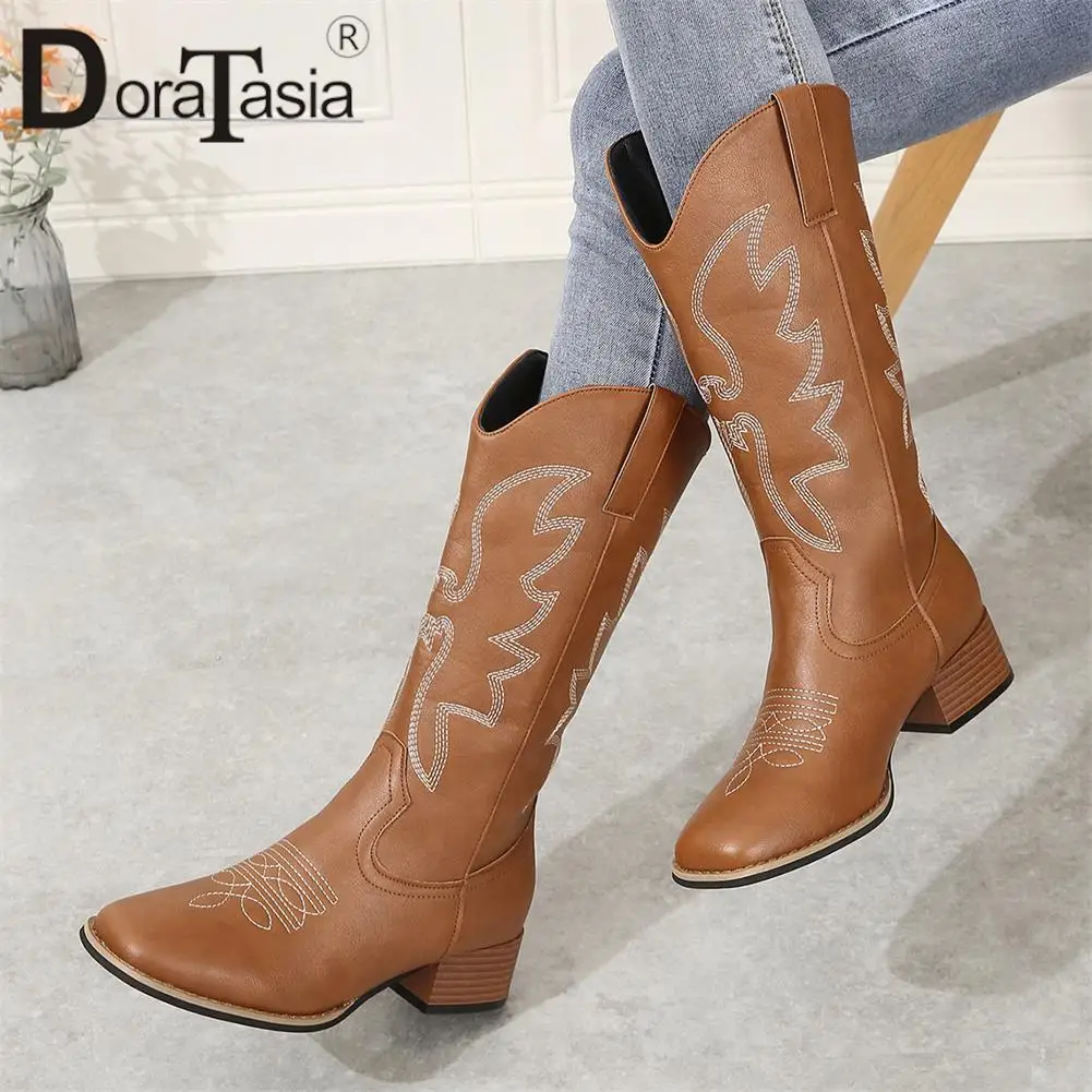 Brand New Female Round Toe Mid-Calf Cowboy Boots Fashion Embroider Chunky Heel women's Boots Casual Vintage Cowgirl Woman Shoes