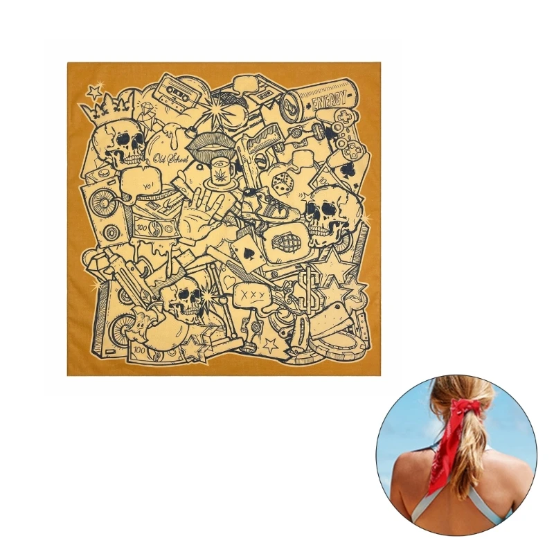 Retro Skull Pattern Bandana Head Scarf for Women Male Square Turbans Head Scarf Lightweight Yellow Street Hip Hop Headscarf 2