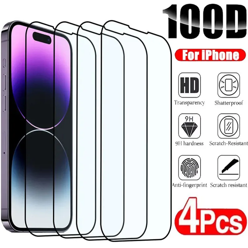 100D Полностью закаленное стекло для Apple iPhone 14 Plus 13 mini 12 11 Pro Max, защитная пленка для экрана iPhone X XR XS Max, защитная стеклянная пленка 1 4 шт закаленное стекло для iphone 11 12 13 14 pro xs max x xr передняя защитная пленка для экрана на 7 8 6 s plus защитная стеклянная пленка