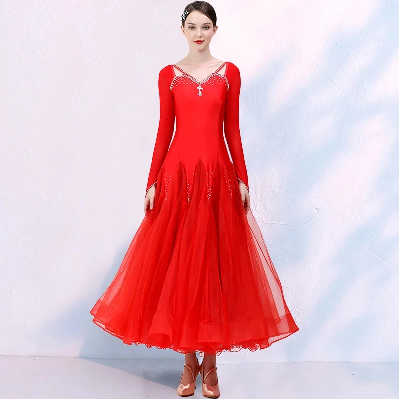 Gauze Stitching Rhinestones Plus Size Women Ballroom Dance Competition Dress Viennese Waltz Dress Foxtrot DanceWear Ball Gown