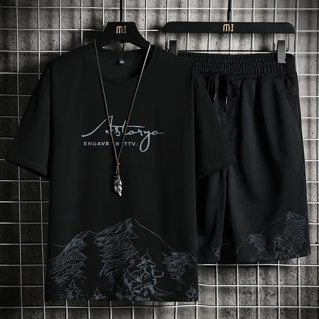 Men's T-shirt + Shorts Set Summer Breathable Casual T shirt Running Set Fashion Harajuku Printed Male Sport Suit 2022 New 2