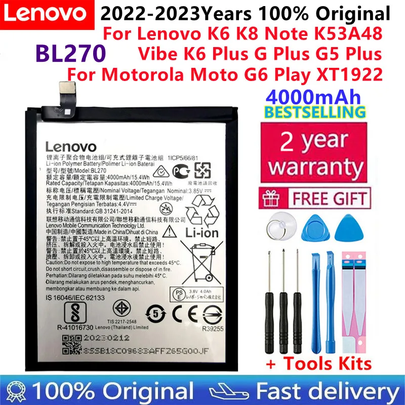 

100% оригинальный для Lenovo K6 K8 Note K53a48 Vibe K6 G G5 Plus 4000 мАч BL270 Аккумулятор для Motorola Moto G6 Play xt3528 + наборы инструментов