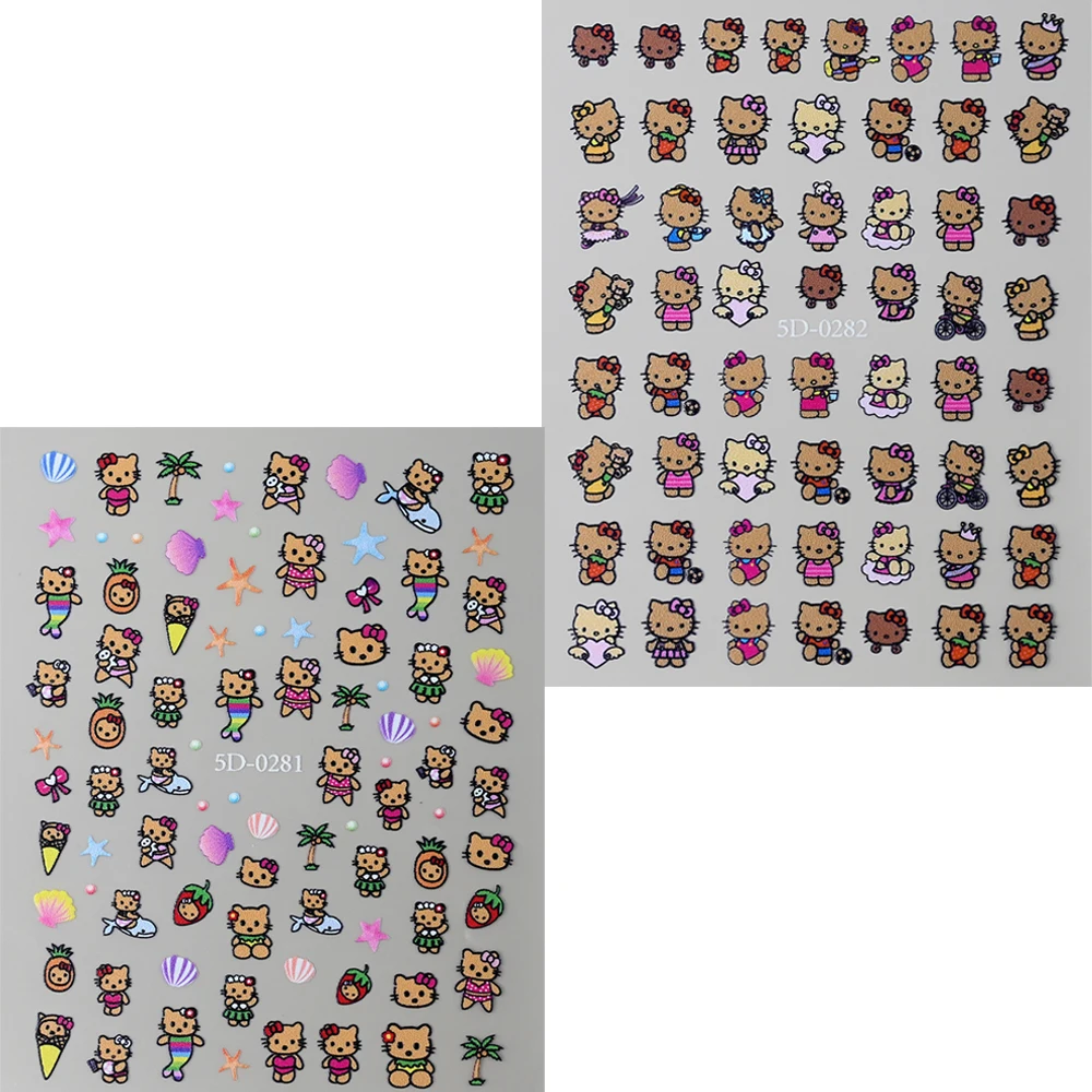 2개/세트 여름 태닝 헬로키티 5D 네일 스티커 엠보싱 Y2K 카와이 머메이드 헬로키티 네일 데칼 휴가 스타일 매니큐어