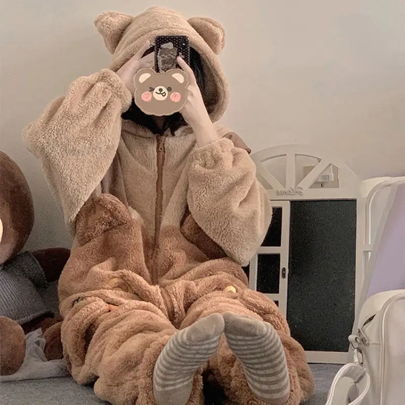 Bear Onesie Women's Plush Anime Cosplay Costumes Winter Flannel Animal Pajamas Long-Sleeve Sleepwear Cartoon Overall Homewear