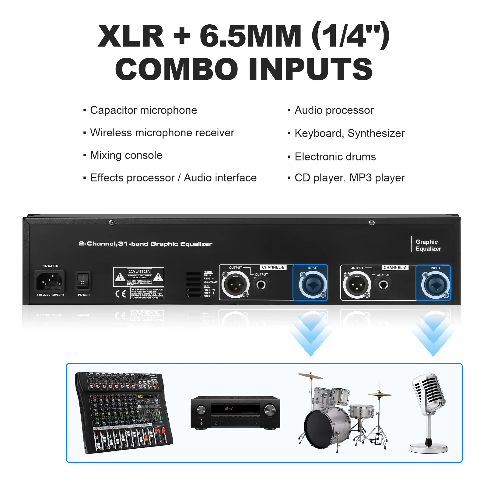 풀로데 듀얼 채널 31밴드 스테레오 그래픽 이퀄라이저 XLR 및 6.5MM 입력 출력 정밀 EQ 슬라이더 (홈 오디오 시스템용)