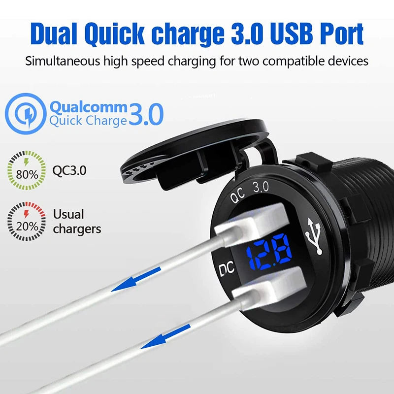 Quick Charger Aluminium QC3.0 Dual Usb Autolader Met Schakelaar Knop Led Voltage Display Voor 12V/24V cars Boten Motorfiets