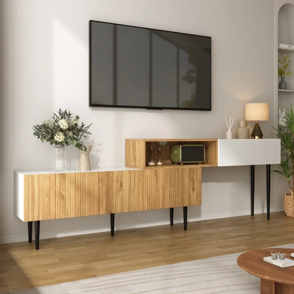 Moderner TV-Ständer mit Marmor- und Holzschnitzerei-Design, PVC-Kante, Eisenbeine, dunkle Holzfarbe, platzsparend, langlebig und langlebig – Detail 20