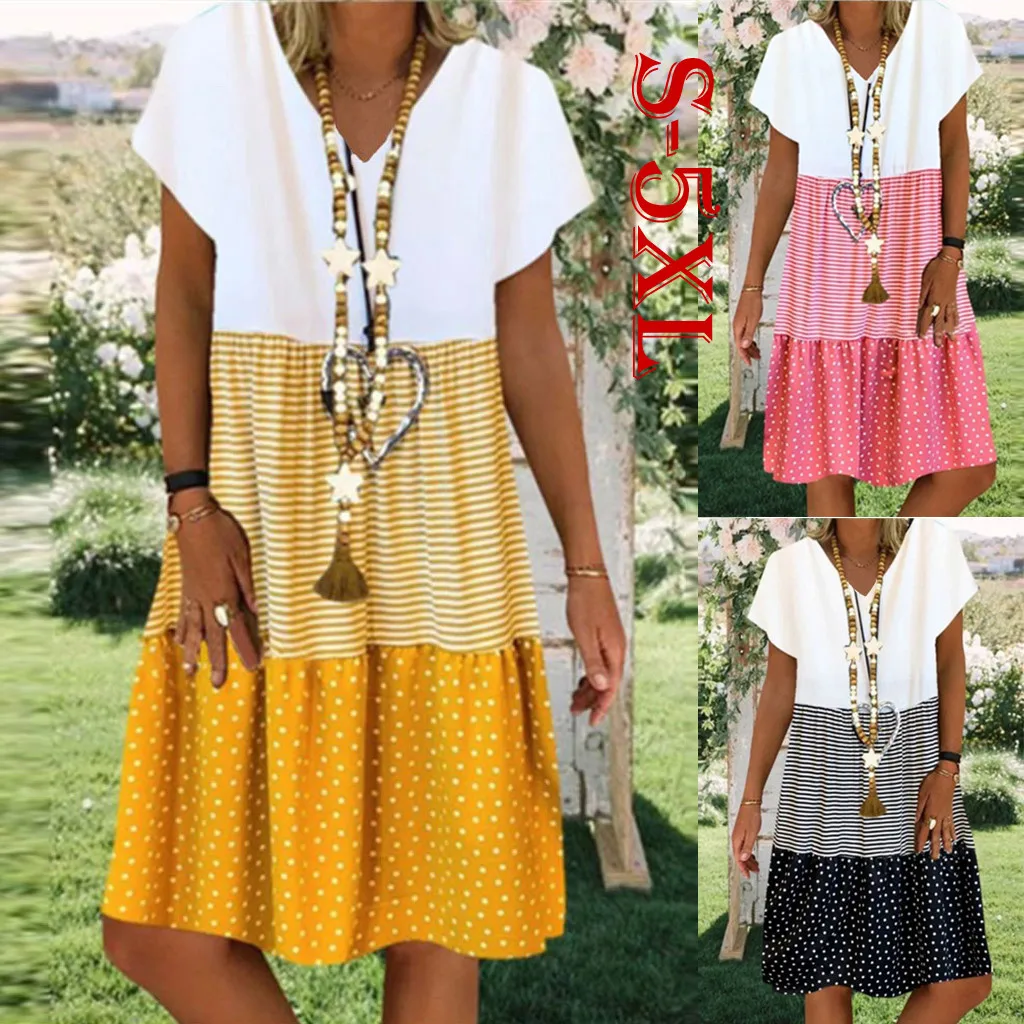 

Vintage Ruffles Strip Befree Dress Women Loose Dot Printed Patchwork Summer Boho Casual Party Beach Dresses Plus Size Vestidos