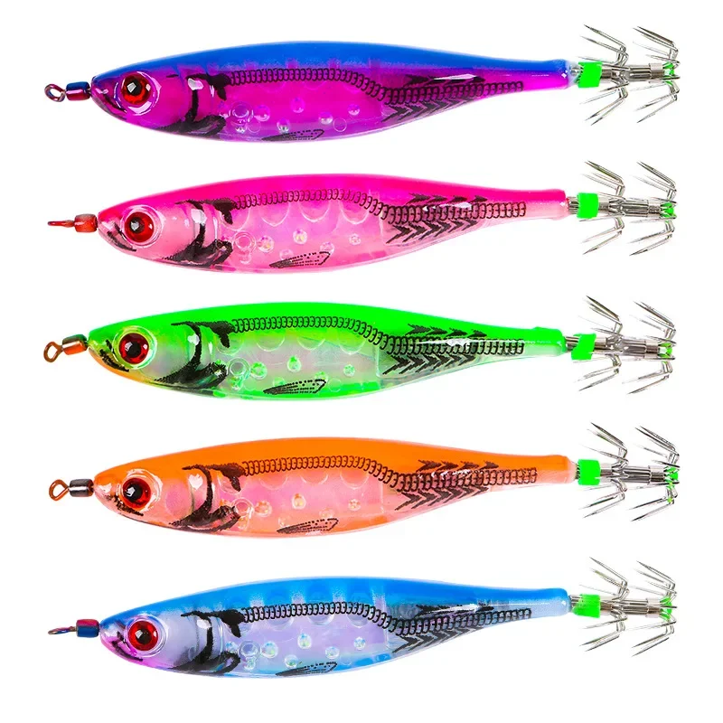 

5Pcs Fishing Lure Lead Sinker Squid Jig Hook Glow In Dark Shone Wooden Shrimp Artificial Bait Octopus Cuttlefish Fishing Tackle