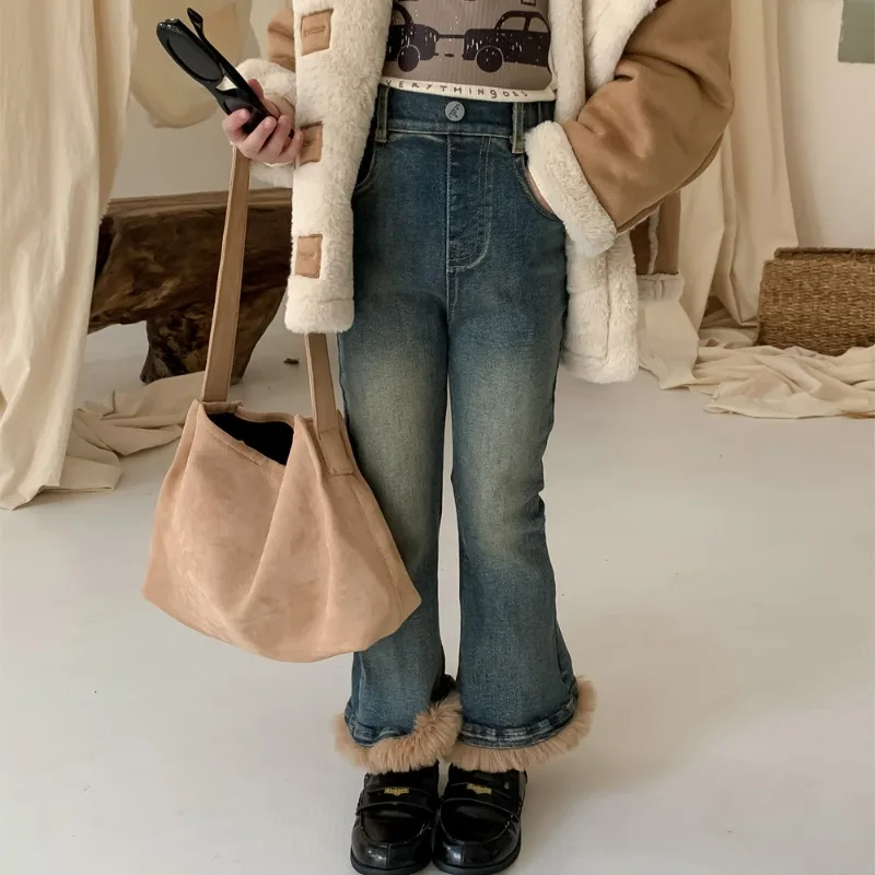 

Girls Fleece Thickened Denim Bell Bottoms 2023 Winter Cnew Fashionable Warm Fleece Casual Simple Girls Slim Stretch Pants