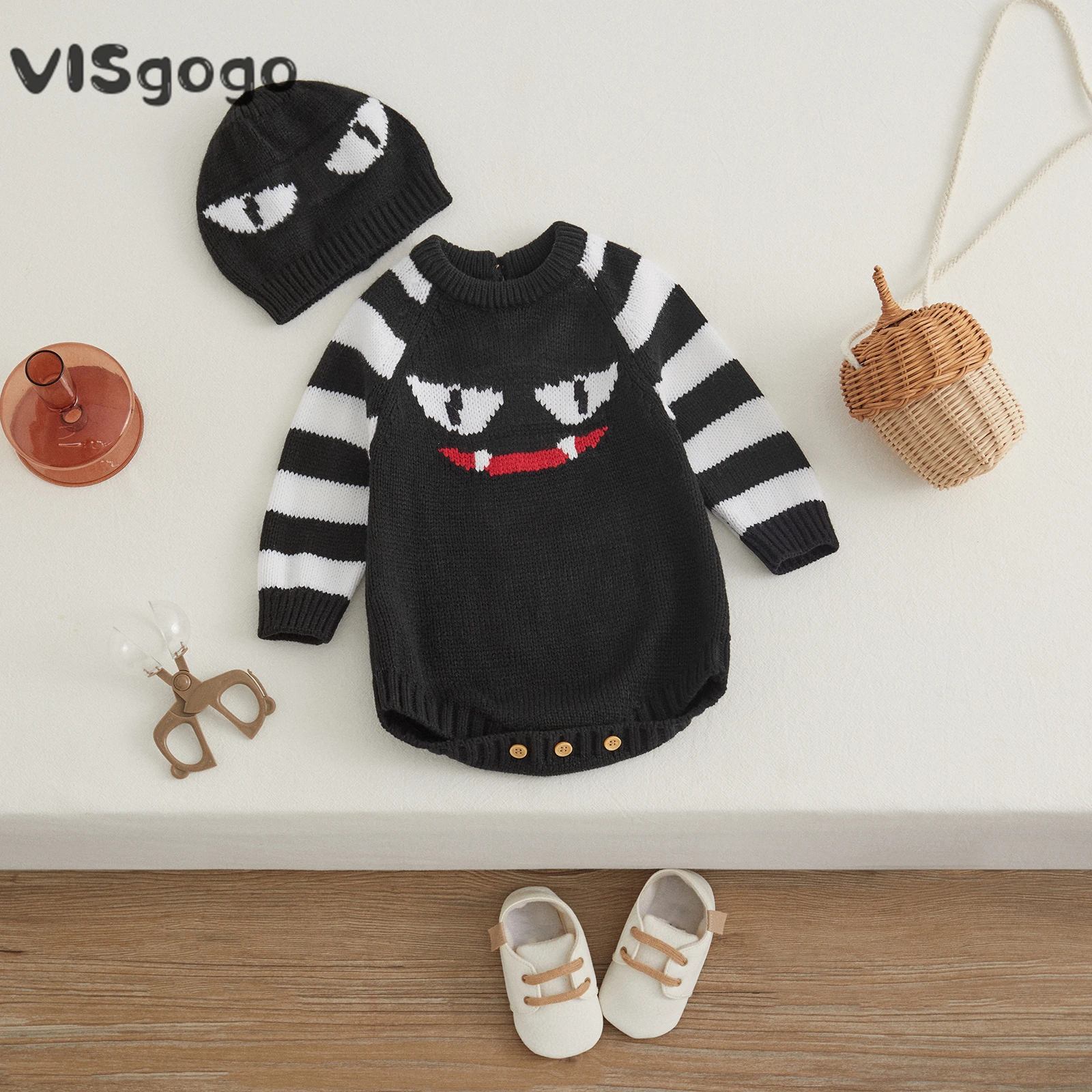 

Комбинезон с длинным рукавом VISgogo Baby, костюм для Хэллоуина, боди с принтом «летучая мышь» и Шапка-бини, осенняя одежда для новорожденных, 2 шт.