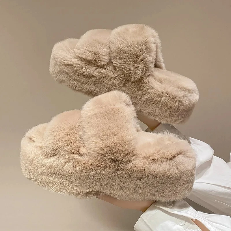 

Plush platform Slippers Autumn New Indoor Flat Plush Flip Flops Cotton Slippers Fluffy Faux Fur Shoes Home Women Slipper snow