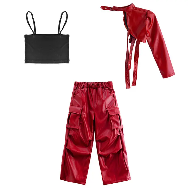 Kid Hip Hop Clothing T Shirt Crop Top Wine Red Arm Sleeve Faux Leather Casual Cargo Pants for Girl Jazz Dance Costumes Clothes - Image 6