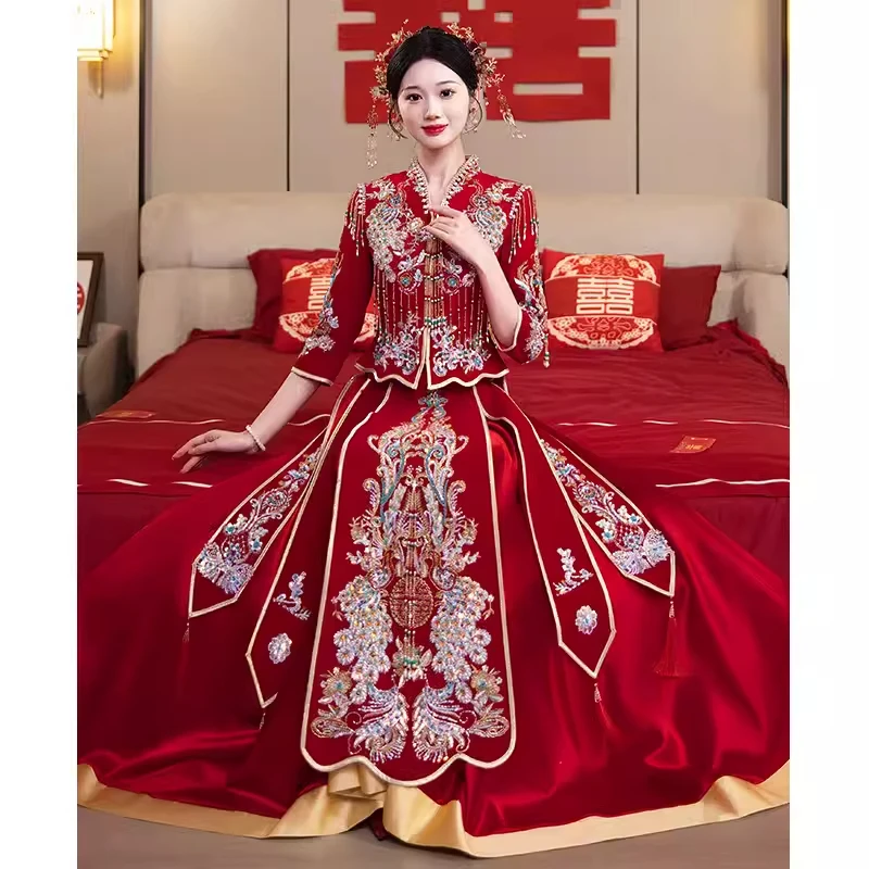 

Chonggong одежда Xiuhe bride 2024, новый стиль, свадебное платье, высококачественное свадебное платье, свадебное платье, тонкое свадебное платье