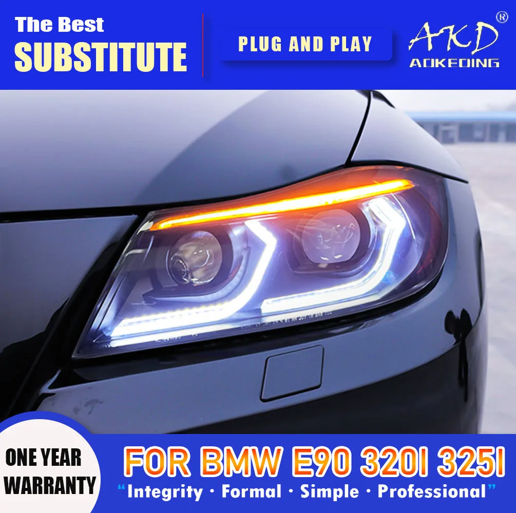 

Налобный фонарь AKD для BMW E90 светодиодный, фары 2005-2012, фары 320i 325i 318i DRL, сигнал поворота, дальний свет, объектив проектора Angel Eye