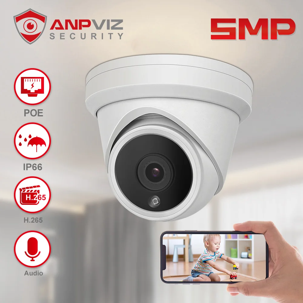 Anpviz 5mp POE IP Camera Outdoor Security CCTV Camera Video Surveillance 30m Built-in Mic Audio IP66 H.265