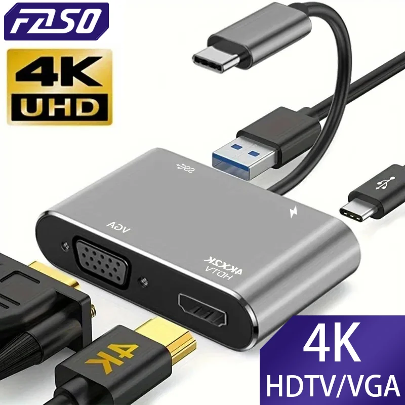 FASO USB HUB 4-in-1 Type C Adapter Hub To HDTV VGA USB 3.0 Digital AV Multiport Adapter With TYPE-C PD Charging Port Compatible usb c hub