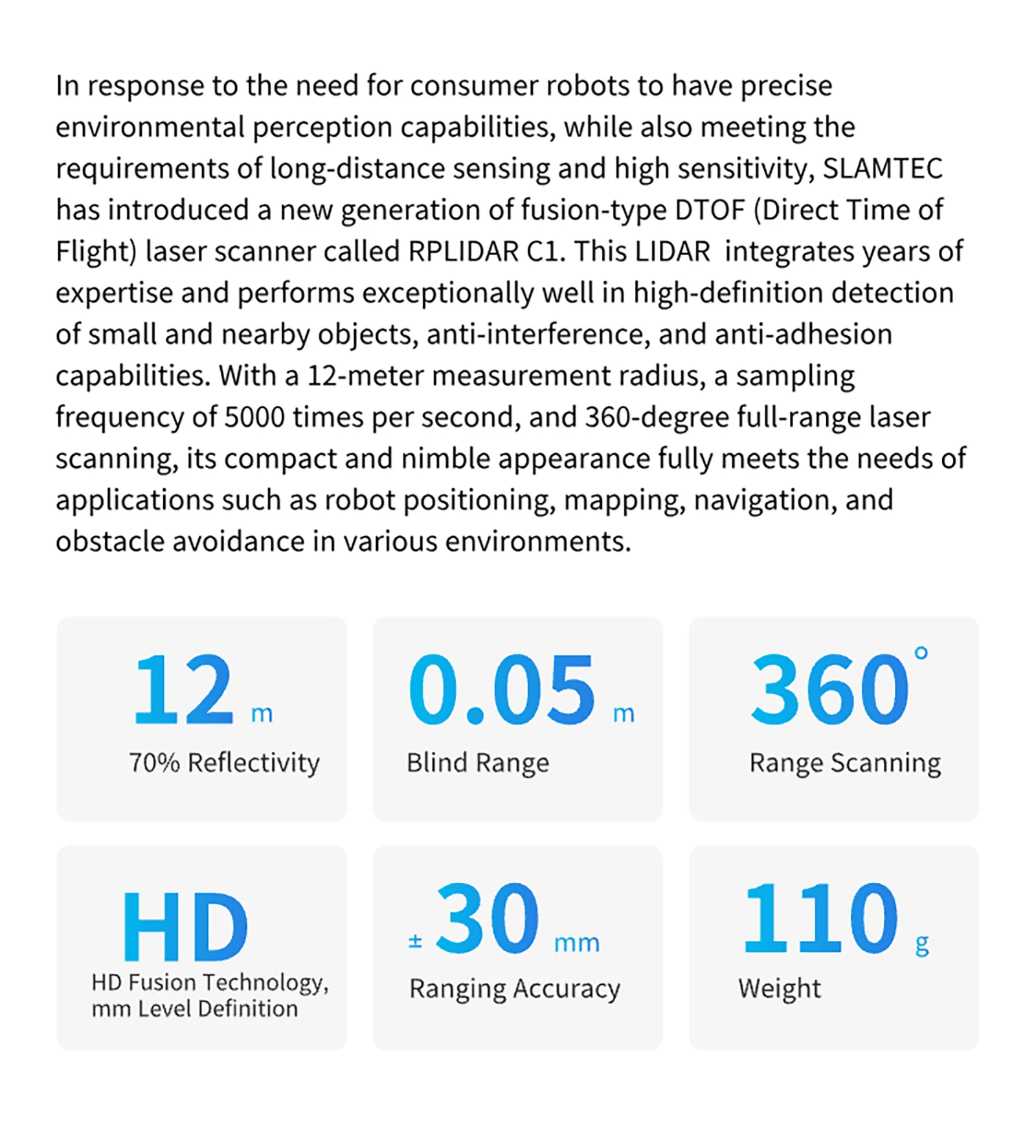 SLAMTEC RPLIDAR C1 Lidar Sensor TOF 12M Ranging 360 ° Scanning For Robot Positio