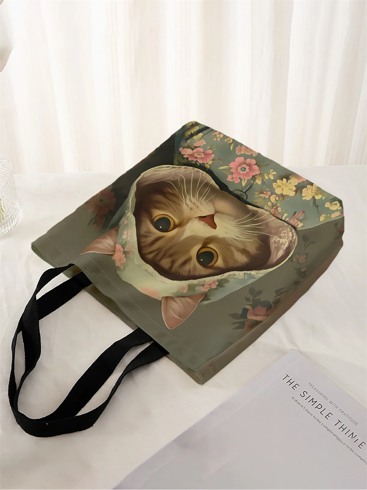 1pc,hoodie cat handbag, reusable fashionable handbag, multifunctional handbag, printed canvas shopping bag