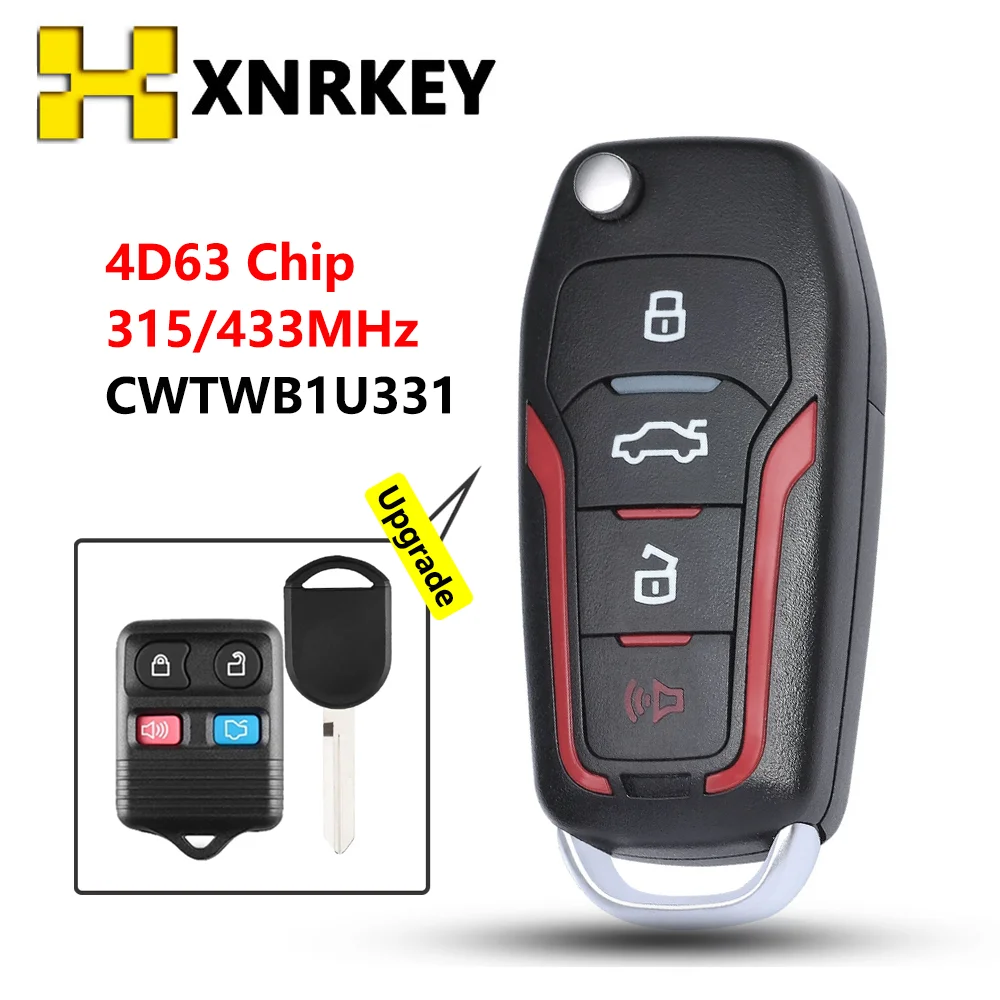 XNRKEY 315/433MHz Upgraded Flip Remote Key Fob 3+1 4 Button For Ford Explorer, For Lincoln Town Car FCC:CWTWB1U331