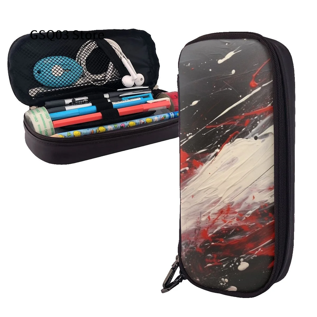 

Red And Grey Abstract Art Pencil Case, Leather Multi- Slot Pencil Pouch, Portable Pencil Bag, Pen Case for Office School