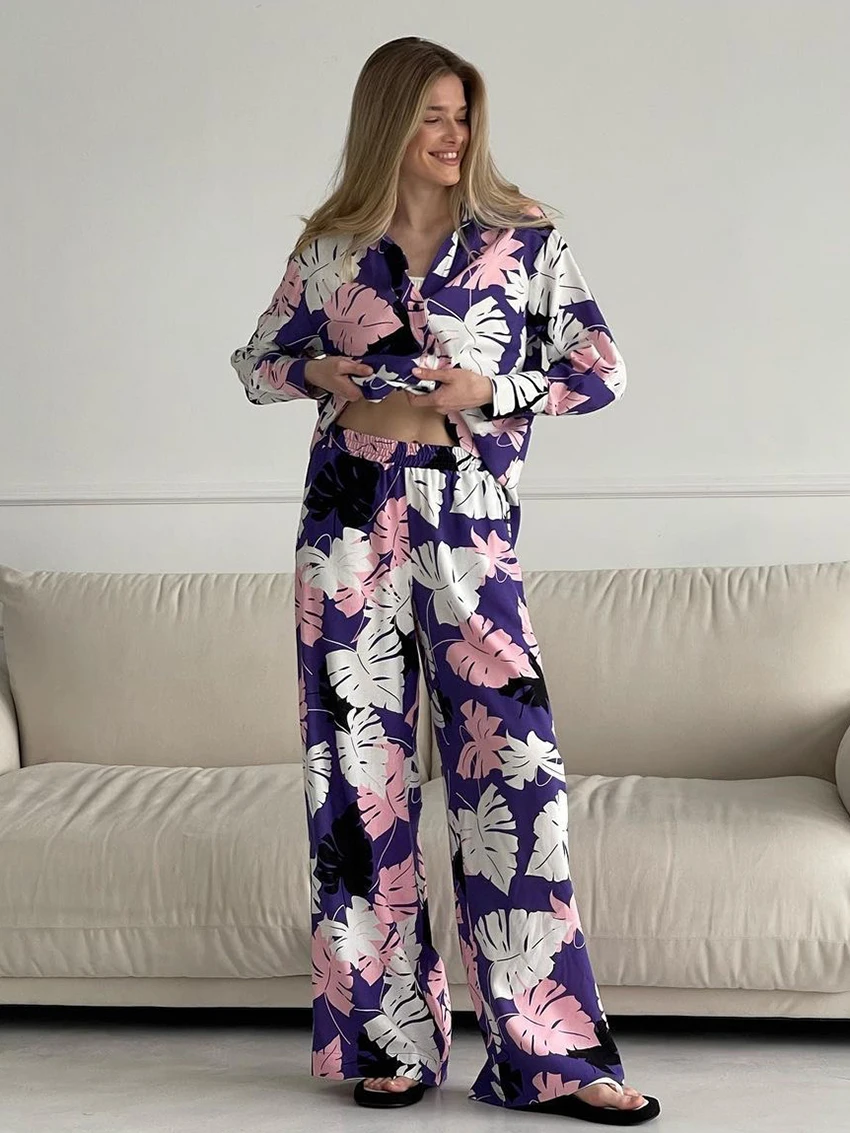 Marthaqiqi Causal Printing Ladies Nightgowns Set Long Sleeve Nightwear Turn-Down Collar Sleepwear Pants Loose Female Pajama Suit