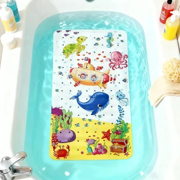1 tappetino da bagno per bambini, antiscivolo, con fori di drenaggio e ventose, tema mondo sottomarino.