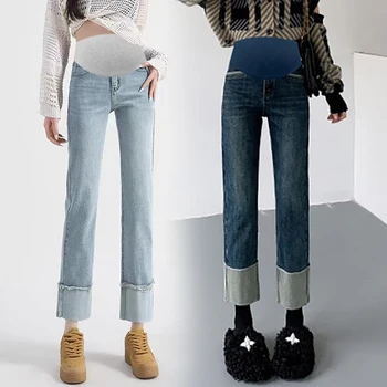 Home 16 Spring Pregnant Woman Denim Trousers Stretched Maternity Belly Pants Loose Straight Jeans for Pregnancy Block Color Patchwork