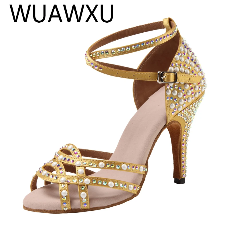 Women's party dancing shoes Women's satin shiny rhinestone soft soled Latin dancing shoes Women's salsa dancing shoes Heels 5CM-