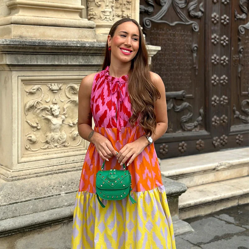 Chic Patchwork Printed Dress For Women Chic Round Neck Sleeveless Casual Maixi Dress Summer New Female Vacation Robe