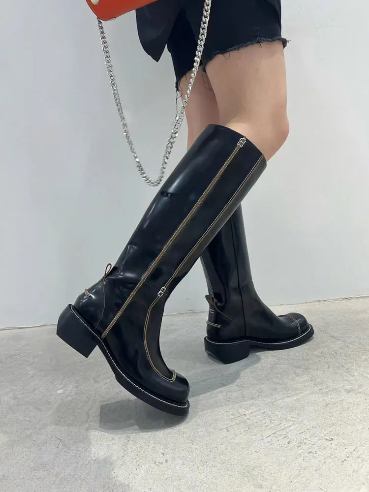 

2023 Spring new fashion boots women's leather thick-soled thick-heeled round-toed boots splicing retro high boots