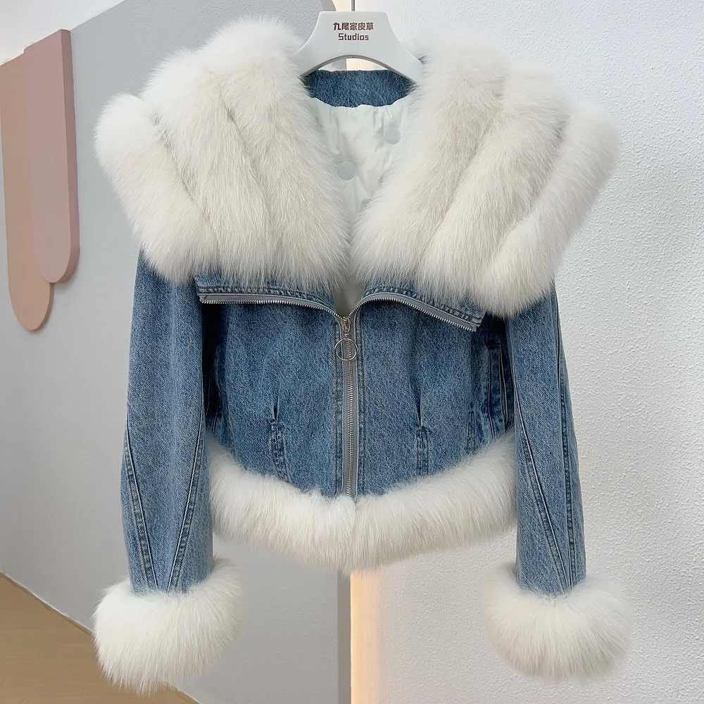 

2023 Autumn Winter Women's Denim Jacket Goose Down Coats Natural Real Fox Fur Collar Outwear Luxury Female Puffer Jacket
