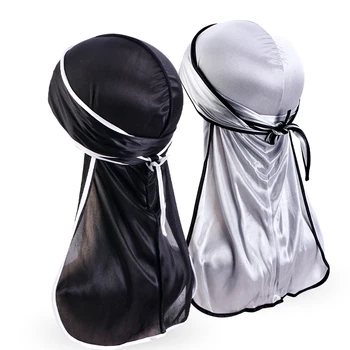 2PCS/LOT Unisex Men Satin Durag Black Sewing Silky Durags Breathable Bandana Hat Wigs Doo du rag long tail headwrap Pirate Hat 1