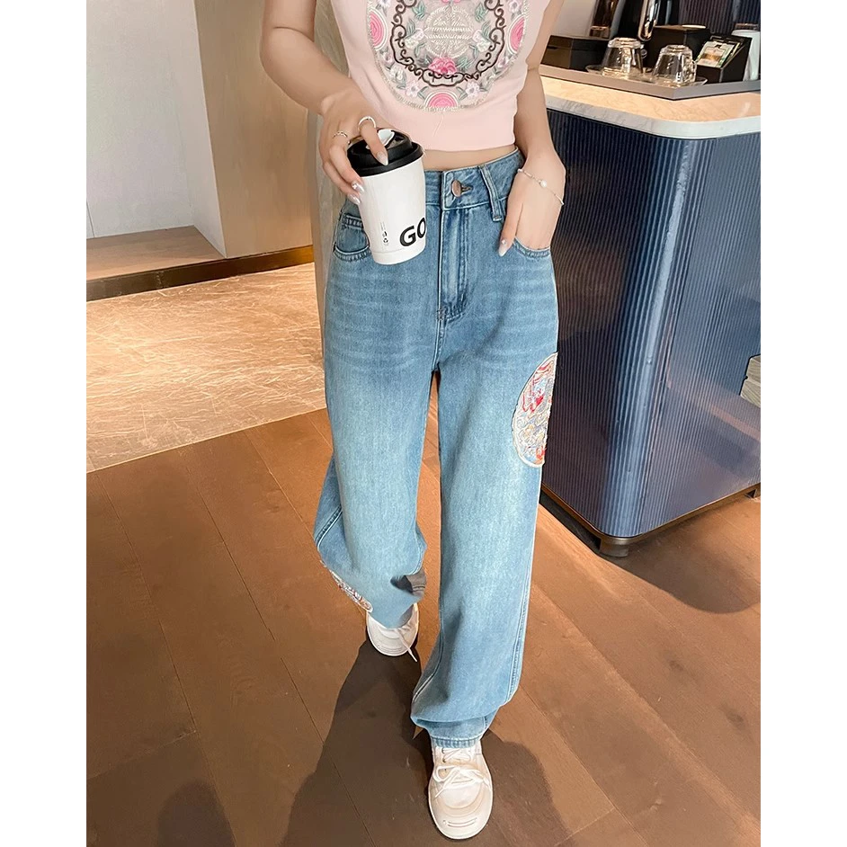 New Chinese national style embroidery wide-legged jeans female new high-waisted loose thin narrow version of straight pants tide